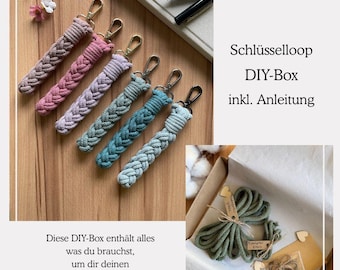 DIY Key Loop Kit including printed instructions, 7-piece macrame key ring DIY box, creative gift idea in your choice of color