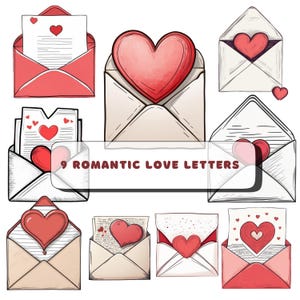 9 cartas de amor románticas con sellos de cera en forma de corazón: imágenes prediseñadas PNG y SVG para diseños de San Valentín, diseños gráficos, descarga instantánea
