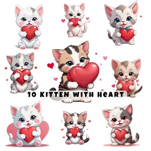 Kitten with Heart Cliparts: Valentine&#39;s Day PNG SVG Graphics (Digital Download)