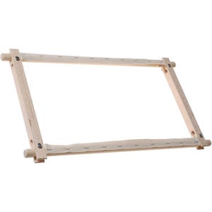 May include: A rectangular embroidery frame constructed from light-coloured wood, featuring four adjustable bars held together by metal screws. Two of the wooden bars have a strip of off-white fabric attached with staples for securing needlework projects.