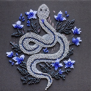 Bead Embroidery Kit DIY On Stamped Art Canvas Snake - Abris Art AM-255 Silver serpentine 15x15cm/5.9x5.9&quot;