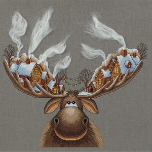 May include: A cross-stitch design featuring a moose with a winter village scene. The moose's antlers are decorated with snow-covered houses, with smoke rising from the chimneys. A string of colourful lights adds a festive touch to the winter village scene.