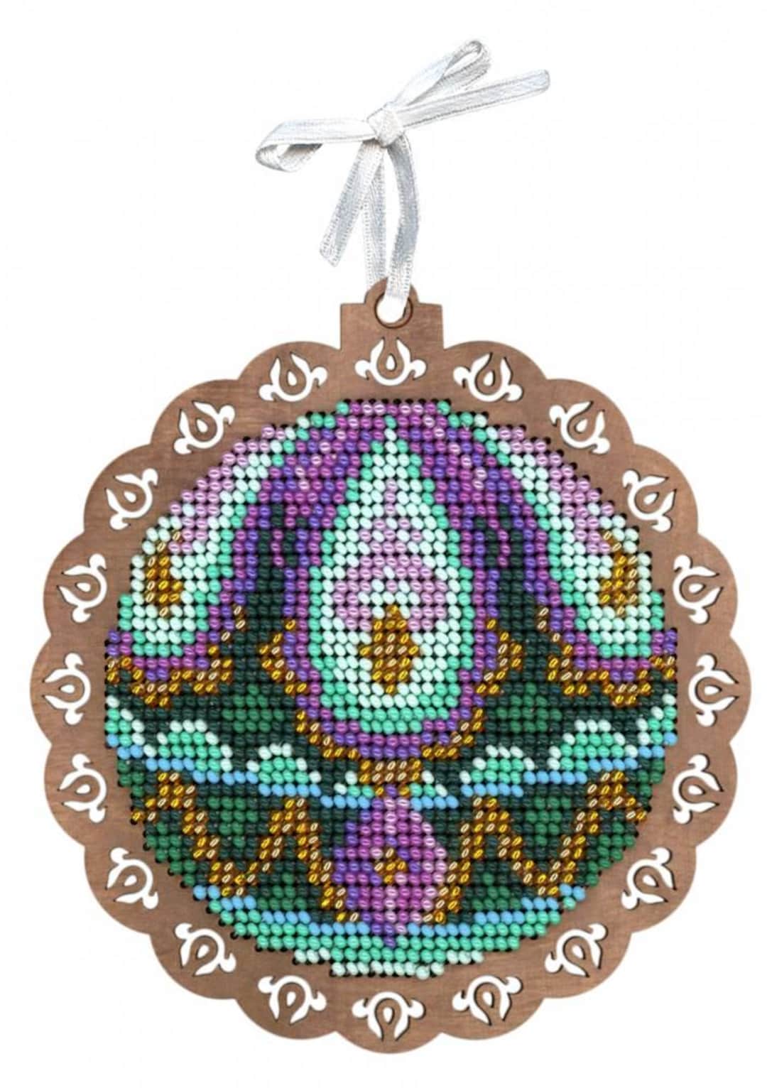 木製ビーズクリスマス刺繍キットDIY - 孔雀のチャーム 12 x 12 cm/4.72