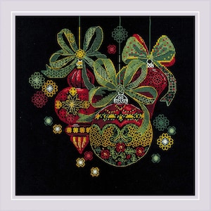 May include: Cross-stitched Christmas ornaments in red, yellow, and green, with intricate floral and geometric patterns. The ornaments are adorned with green bows and snowflake accents, set against a black background.