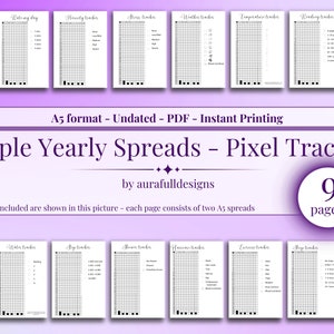 May include: A set of 9 printable A5 format pages with simple yearly spreads and pixel trackers for habit tracking. The pages are black and white and feature a grid layout. The text on the pages includes "Simple Yearly Spreads - Pixel Trackers" and "9 pages!"