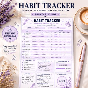 Può includere: Un foglio stampabile per il monitoraggio delle abitudini con un tema floreale viola. Il documento include sezioni per il monitoraggio quotidiano, obiettivi mensili, note e riflessioni. Il testo include "HABIT TRACKER" e "INSTANT DOWNLOAD".