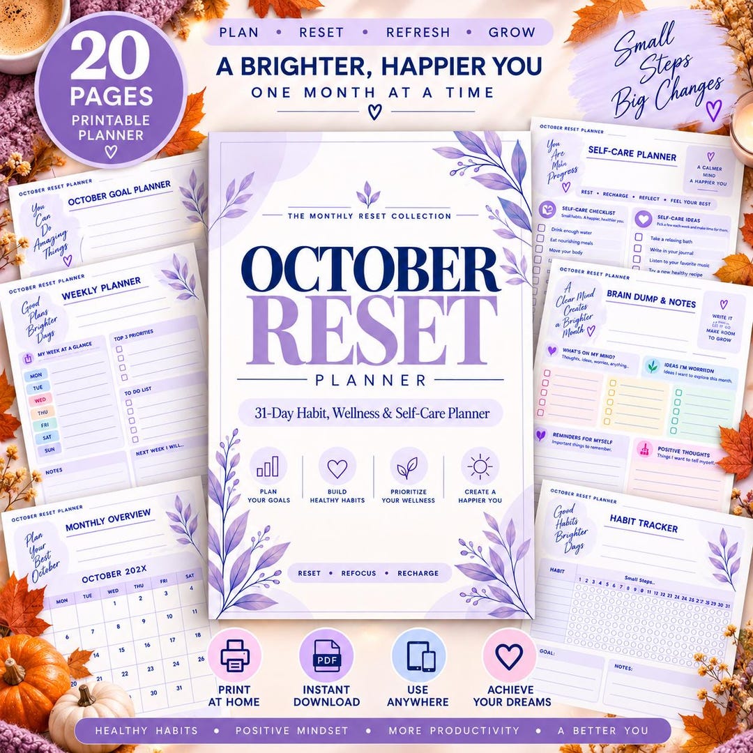 October Reset Planner Printable, Habit Tracker, Self Care Planner ...