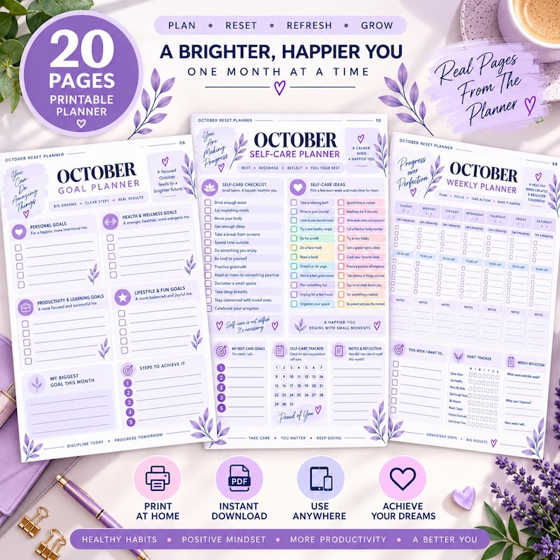 October Reset Planner Printable, Habit Tracker, Self Care Planner ...