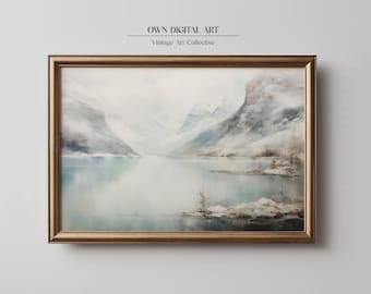 Vintage fjordlandskap oljemålning: Skandinavisk väggkonst (digital nedladdning)