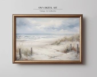 Vintage Coastal Landscape Painting: Beach House Wall Art (Digital Download)
