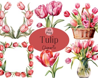 Akvarell tulpan clipart-paket: Vårblommor PNG-grafik (digital nedladdning)