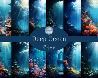 May include: A collection of 40 digital images featuring underwater scenes with coral reefs, fish, and sunlight shining through the water. The images are labeled "Deep Ocean Papers".