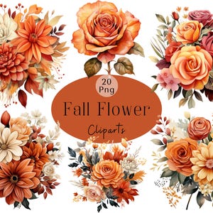 Paquete de imágenes prediseñadas de flores de otoño en acuarela, colección de flores de otoño, ramos de otoño para la temporada de otoño, manualidades con papel para álbumes de recortes