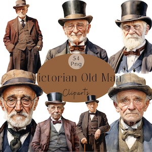 May include: Watercolor illustrations of elderly men in Victorian attire. The images feature men in suits, top hats, and bow ties. The text "Victorian Old Man Cliparts" is displayed on a brown oval.