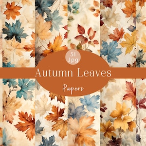 May include: A set of 51 digital papers featuring watercolor illustrations of autumn leaves in various shades of red, orange, yellow, and blue. The papers are perfect for crafting, scrapbooking, and digital design projects.