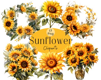 May include: A set of 17 watercolour sunflower clipart images. The sunflowers are in various arrangements, including wreaths, bouquets, and single blooms. The images are perfect for adding a touch of summer to your designs.