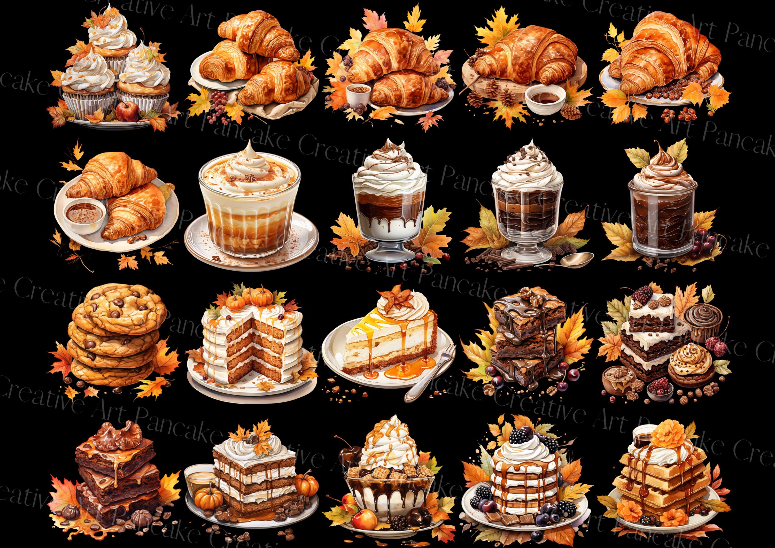 Fall Baking Graphics Watercolor Fall Bakery Clipart: Autumn Desserts, Scrapbook Graphics ...