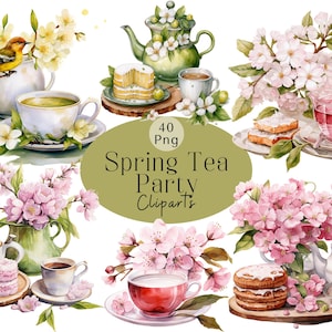 May include: Watercolour illustrations of a spring tea party with teacups, teapots, cakes, and flowers. The text "40 Png Spring Tea Party Clipart" is in the centre of the image.