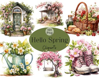 Watercolor Spring Flowers Clipart, Blooming Garden PNG (Digital Download)