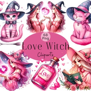 Bundle de cliparts sorcière d'amour Artisanat de sorcière de la Saint-Valentin Clipart magique magique Sorcière occulte Amour magique Png Saint Valentin oeuvres d'art sorcière chat de sorcière