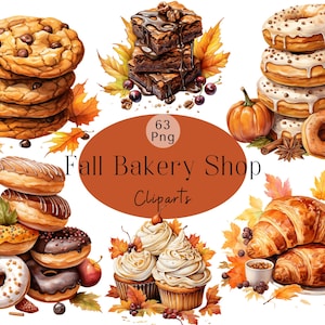 Könnte beinhalten: Eine Sammlung von 63 Clipart-Bildern für einen Herbst-Bäckereiladen. Die Bilder zeigen verschiedene Backwaren wie Kekse, Donuts, Croissants, Cupcakes und Brownies. Die Bilder sind im Aquarellstil gehalten und zeigen herbstliche Farben und Elemente wie Blätter, Kürbisse und Beeren.