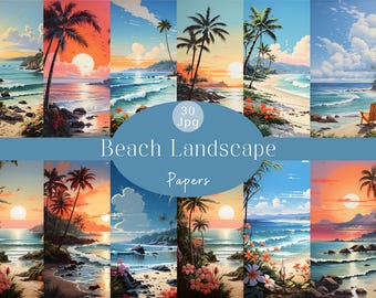 Sunset Beach Landscape Digital Paper: Seaside Scrapbook Backgrounds (Digital Download)