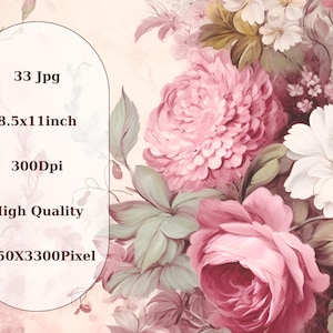 Peut inclure: Impression num&eacute;rique d'un bouquet floral avec des fleurs roses, blanches et vertes. L'impression mesure 8,5 x 11 pouces et 300 DPI.