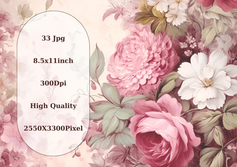 Peut inclure: Impression num&eacute;rique d'un bouquet floral avec des fleurs roses, blanches et vertes. L'impression mesure 8,5 x 11 pouces et 300 DPI.