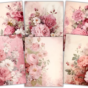 Peut inclure: Un collage de six images repr&eacute;sentant des roses roses et blanches avec des feuilles vertes sur un fond rose textur&eacute;. Les images sont dispos&eacute;es en grille.