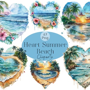 Olá verão clipart aquarela praia png pacote sol praia em forma de coração clipart de praia de areia para scrapbooking, confecção de cartão de convite