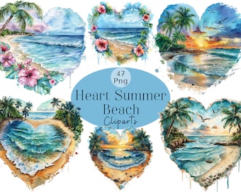Clipart plage aquarelle : coeur été PNG (téléchargement numérique)