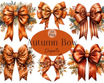 May include: Set of 22 digital illustrations of autumn-themed bows in various styles. The bows are decorated with fall leaves, berries, and polka dots. The illustrations are perfect for crafting, scrapbooking, and other creative projects.