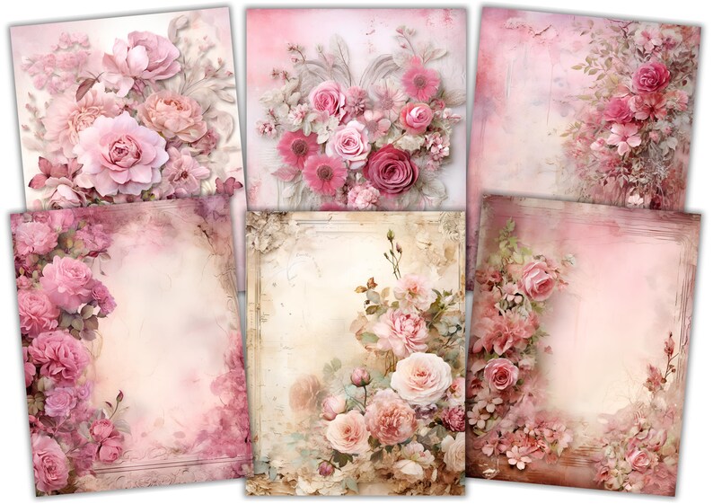 Peut inclure: Six papiers num&eacute;riques de fond avec des roses roses et des motifs floraux &agrave; l'esth&eacute;tique vintage. Les papiers sont parfaits pour le scrapbooking, la fabrication de cartes et autres projets d'artisanat.