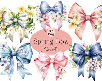 Watercolor Spring Floral Bow Clipart: Ribbon PNG Set (37 Files)