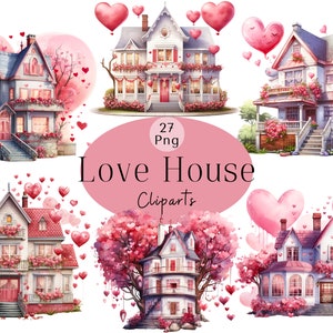 Valentinstag-Haus-Clipart, Liebeshaus-Png, Valentinstag-Haus-Clipart-Bundle, rosa Einweihungsparty, rosa Traumhaus, Sommerhaus-Clipart