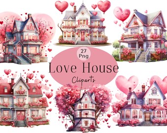Valentine House Clipart Bundle: Watercolor Love Houses (PNG, Digital Download)