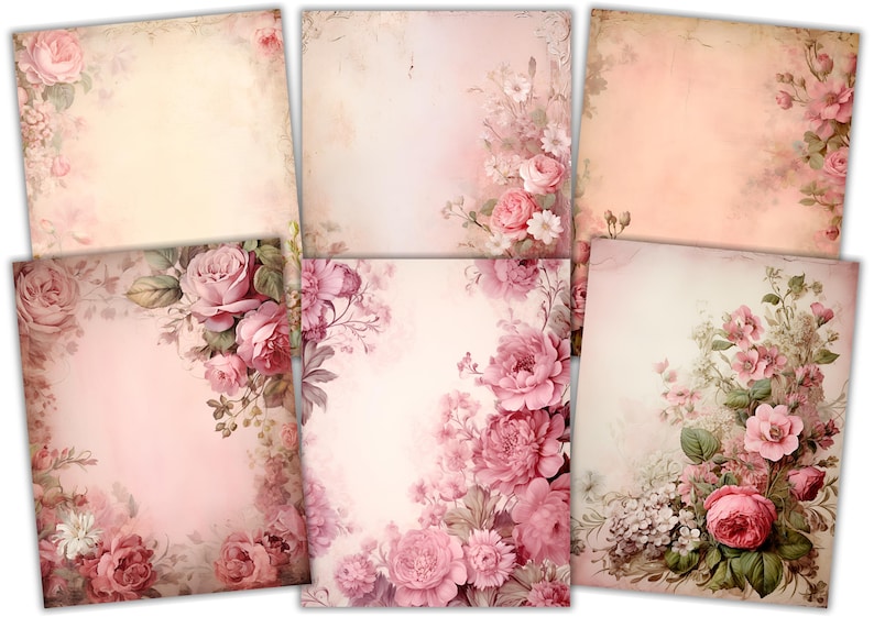 Peut inclure: Un ensemble de six papiers num&eacute;riques avec un motif floral vintage avec des roses roses et un fond rose p&acirc;le.