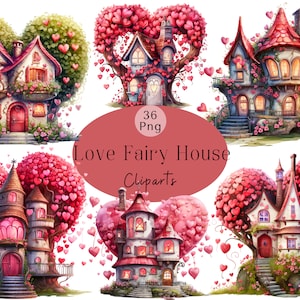 Pacchetto Clipart di San Valentino Fairy House Love House Png Acquerello Casa che riscalda Casa da favola Casa carina degli gnomi da giardino delle fate Case rosa