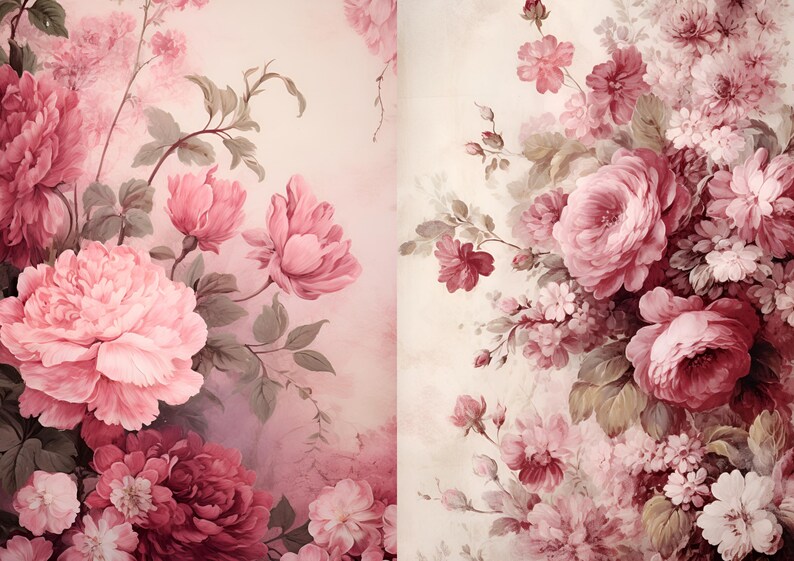 Peut inclure: Un imprim&eacute; floral de style vintage avec des roses roses et blanches, des pivoines et d'autres fleurs avec des feuilles vertes sur un fond rose clair.