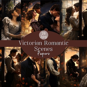 Scene romantiche vittoriane, storia d'amore d'altri tempi, San Valentino, Jpg, scene romantiche di San Valentino, carta digitale per artigianato di carta, diario di spazzatura