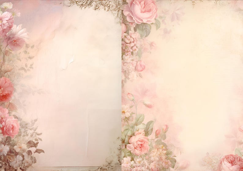 Peut inclure: Un fond de style vintage avec un sch&eacute;ma de couleurs rose p&acirc;le et cr&egrave;me. Le fond est d&eacute;cor&eacute; d'une bordure florale de roses roses et d'autres fleurs. Le fond est parfait pour ajouter du texte ou des images.