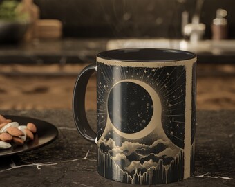 Vintage Celestial Eclipse Accent Mug - Custom Color Selection - 11oz Artistic Coffee Cup