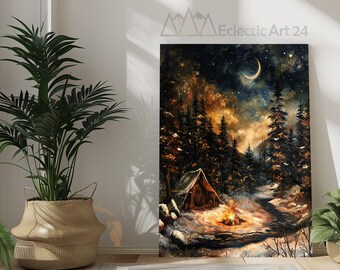 May include: A painting of a cabin in a snowy forest at night. The sky is filled with stars and a crescent moon. A fire burns in front of the cabin.