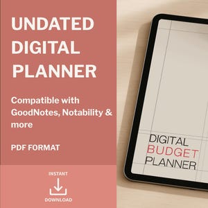 Puede incluir: Un planificador digital en una tableta con la palabra "uomi" en letras negras grandes. El texto "Digital Budget Planner" es visible. Un lápiz óptico blanco descansa junto a la tableta. La imagen también incluye el texto "Undated Digital Planner".