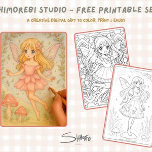 Puede incluir: Un conjunto de páginas para colorear imprimibles con hadas de estilo anime. Una página está coloreada, mostrando un hada con un vestido rosa con alas, setas y el texto "SHIMOREBI STUDIO - FREE PRINTABLE SET". Otras dos páginas son dibujos lineales en blanco y negro.