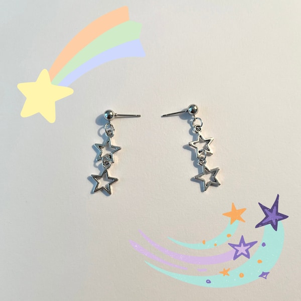 Simple 2 Star Dangle Earrings (silver)