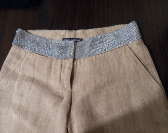 Súper raro Dolce & Gabbana SS03 Crystal Belt Linen 00's Pantalones de mujer con cremallera Lampo Hecho en Italia Talla 38 UE