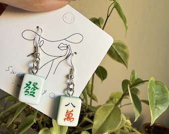 Mahjong Tile Earrings – Silver Plated, Chinese Game Jewelry