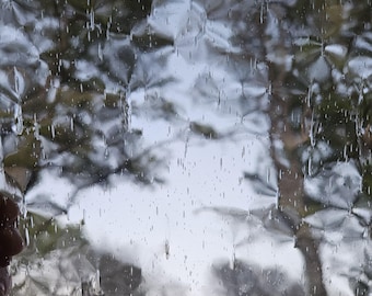 May include: A clear glass panel with a textured surface that resembles raindrops. The glass is slightly cloudy and has a subtle ripple effect.