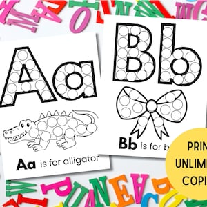 Op de afbeelding: Twee witte werkbladen met zwarte contouren van de letters Aa en Bb met stippenpatronen. Het Aa-blad toont een alligator met de tekst Aa is for alligator. Het Bb-blad toont een strik met de tekst Bb is for b. Een gele cirkel toont de tekst PRINT UNLIMITED COPIES!